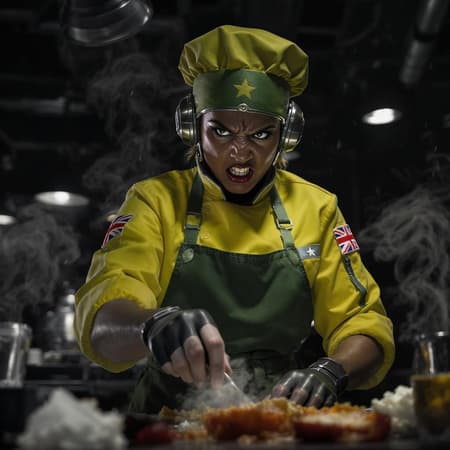 In a futuristic dieselpunk restaurant setting, an aggressive female chef stands in an intricately detailed Chartreuse and Earthy Green uniform, embodying the pinnacle of sci-fi fashion with a nod to classic chef attire. The low angle shot captures her in a dynamic, powerful stance as she prepares food with intense focus. Her face is portrayed with the highest attention to detail, revealing raised eyebrows and wide-open eyes that exude anger and determination. The cinematic lighting casts dramatic shadows across her form, accentuating the realistic fabric details and folds of her uniform. The background is simple, with a monochrome palette and low contrast, allowing her fierce energy to take center stage against a backdrop that evokes an industrial vibe. Her helmet, featuring hard surfaces and adorned subtly with elements of stars and stripes alongside the Union Jack, suggests a blend of cultural influences in this imaginative world. This image captures a moment of creative frenzy and culinary combat, blending the fantastical with the everyday in an 8k masterpiece, while avoiding unsuitable and uninspired elements.