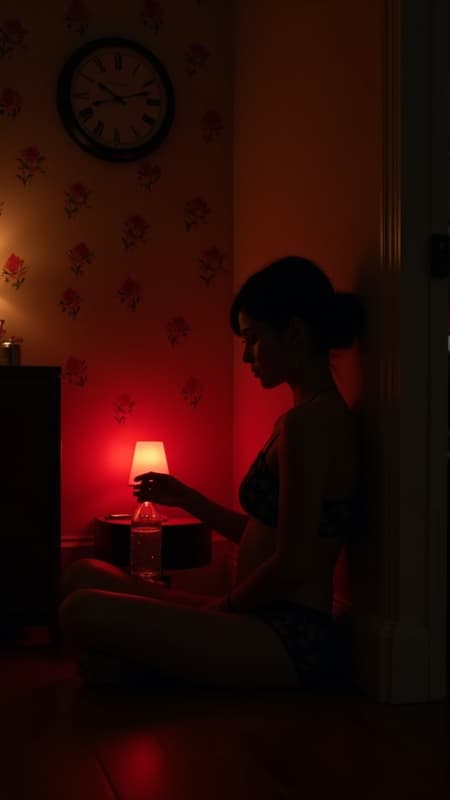 Generated Hyper-realistic Cinematic A moody, hyper-realistic cinematic scene captures a woman seated on a wooden floor in a dimly lit room, exuding an air of tranquil introspection. Dressed in dark, floral-patterned lingerie, she leans slightly slouched against the wall, an empty glass bottle dangling casually from her fingers. Beside her, a small red lamp bathes the area in a gentle, warm glow, casting dramatic shadows that emphasize her silhouette. The wallpaper behind her carries a subtle floral design, adding texture to the otherwise minimalistic room. Above, a vibrant wall clock quietly marks the passage of time, while small touches—a burnt-out cigarette and a nearby lighter—enhance the atmosphere of melancholy and solitude. The overall color palette is subdued, dominated by muted tones that allow the red light and shadows to create striking contrast and depth. This fine art photograph captures a moment of serene contemplation and urban solitude.