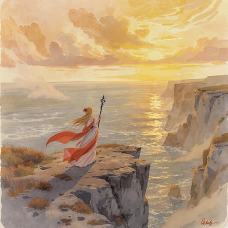 Watercolor illustration of a young sorceress, viewed from afar and above in an isometric perspective, featuring ultra detailed artwork and dynamic lighting during the golden hour by the ocean. The scene is cinematic with UHD, HDR, 8K quality, showcasing a masterpiece with intricate details. Avoid visual imperfections such as duplicate or disfigured elements, ensuring the sorceress is depicted with natural features and graceful proportions. Keep the background and character in focus without low resolution, blurred effects, or any digital artifacts like watermarks or logos.