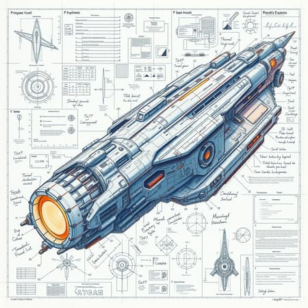 A detailed and imaginative sketch featuring the blueprint of a massive futuristic sci-fi spacecraft, complete with intricate warp engines, theoretical formulas, and detailed annotations. Each section of the ship is meticulously illustrated with schematics by parts, subtly incorporating the elegance of the golden ratio. Elements of false but fascinating technical details are included, capturing the mysterious allure of advanced technology. The illustration employs a vibrant acrylic palette knife style, drawing on the ethereal and emotive aesthetic of Makoto Shinkai, combined with the enchanting whimsy of Studio Ghibli. It channels the colorful vibrancy of Genshin Impact, the retro charm of James Gilleard, the imaginative intricacies of Greg Rutkowski, and the surreal touch of Chiho Aoshima, resulting in a composition that feels both fantastical and grounded, as if it belongs to a world just beyond our own.