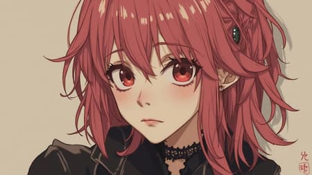 Pretty Japanese woman, ultra detailed illustration, extremely detailed face, skin pores, RAW photo, film grain, gothic clothing, trending on deviantart, sepia tones, 3D illustration, painting-like texture, cartoon and sketch elements, unique character, subtle analog feel, pink hair, intricate details, artistic interpretation, captivating expression, distinctive style, harmonious blend of digital and analog aesthetics.