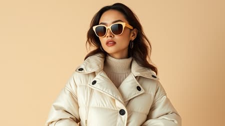 The woman in the image poses confidently against a soft beige background, embodying the essence of a Tumblr icon. Her attire features a shimmering puffer jacket paired with a chic poncho, both in a sophisticated off-white hue. This fashion-forward look may draw inspiration from an online meme or trend, making waves on the design and architecture platform Dezeen. The image seems to be pulled from a catalog showcasing the most cutting-edge fashion trends anticipated for 2024. Her ensemble is complemented by sleek accessories, including a modern trench coat, a pair of avant-garde 8.0 LV sunglasses, and an artful folded creation by the visionary duo Mike and Wojtek Fus. This striking outfit represents the pinnacle of contemporary style, certain to capture attention and admiration.