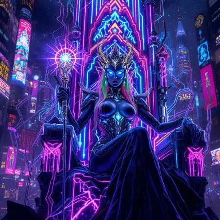 Regal Figure, Fantasy Art A mysterious, regal figure, the Cyberpunk Fantasy Queen sits majestically on a throne sculpted from vibrant neon beams, contrasted by the sprawling, luminescent cityscape of towering skyscrapers and ever-shifting holographic advertisements. Her sharp azure gaze is intensified by intricate cybernetic enhancements, and her hair, a dynamic spectrum, pulsates rhythmically with the electric glow surrounding her. Clad in a sleek, obsidian suit that melds perfectly with advanced circuitry and gleaming metal, she wields a radiant scepter, casting an otherworldly aura. Her sovereignty reigns supreme in this realm where technology and neon converge, commanding both dread and veneration from all who venture into her domain.