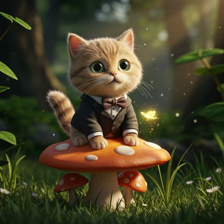 Award-winning Splash Art Artwork Award-winning splash art of an adorable fluffy cat dressed in a suit and bowtie, seated on a magical toadstool amidst enchanting surroundings. The scene features the cat’s captivating, beautiful eyes illuminated by gentle sunlight, capturing an ethereal and whimsical atmosphere. This art piece, trending on Artstation, showcases high-resolution detail with meticulous attention to the cat's fur and the vivid colors of the toadstool. The composition exudes charm and elegance, avoiding any distracting elements or imperfections such as extra limbs, disproportionate features, or unwanted text and artifacts, ensuring a pristine and enchanting visual experience.