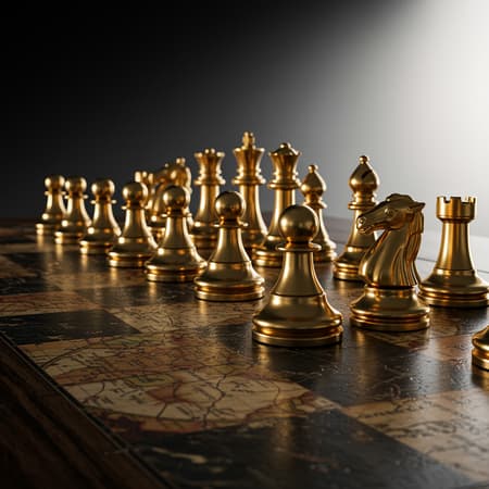 A cinematic photograph of elegantly crafted golden chess pieces meticulously arranged on a richly textured board, composed of vintage world maps, symbolizing global influence, strategic planning, and intellectual prowess. The scene is enhanced by carefully designed shadows and delicate reflections, creating a sense of depth. The background is a sleek, dark-gray that gradually transitions to a soft, creamy white, evoking an air of sophisticated luxury and refinement. The worn, earthy tones of the maps contrast beautifully with the metallic sheen of the chess pieces, conveying a sense of elegance, precision, and high-stakes intellectual challenge, with small creative nuances enriching the visual narrative. A cinematic photograph of elegantly crafted golden chess pieces meticulously arranged on a richly textured board, composed of vintage world maps, symbolizing global influence, strategic planning, and intellectual prowess. The scene is enhanced by carefully designed shadows and delicate reflections, creating a sense of depth. The background is a sleek, dark-gray that gradually transitions to a soft, creamy white, evoking an air of sophisticated luxury and refinement. The worn, earthy tones of the maps contrast beautifully with the metallic sheen of the chess pieces, conveying a sense of elegance, precision, and high-stakes intellectual challenge, with small creative nuances enriching the visual narrative.
