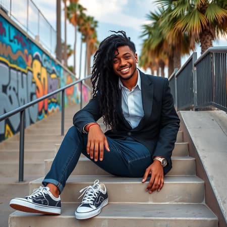 FlorencePugh3 Half-Up Half-Down hairstyle: glossy black hair elegantly flows down while the top half is styled back with a stylish clip, showcasing the perfect blend of freedom and sophistication. Perfect for school or social events, the look is captured in a comfortable pose where you sit casually on a staircase, lending a natural charm to the photo. Dressed in a casual-chic outfit with well-fitted jeans, a crisp white button-down shirt, and a tailored blazer, the ensemble is elevated with statement accessories and trendy sneakers, exuding everyday elegance. The vibrant spirit of Venice Beach serves as the backdrop, featuring colorful graffiti walls, tall palm trees, and the sandy beach under the ocean breeze. Shot in ultra-high resolution with a Canon EOS R6, 135mm, at 1/1250s, f/2.8, ISO 400, the image radiates authenticity with real shadows and a warm smile on a man with curly afro hair and bangs.