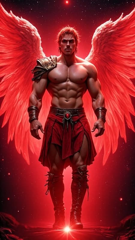 Anteres, Angel of the Red Star (red supergiant star). Celestial, powerful, warrior Angel, universal power. Tall, muscular, bodybuilder's build, big massive muscles. Caucasian male, strong brow and jaw, squared jaw, handsome masculine rugged face, sculpted cheeks. Glowing red eyes with a piercing stare. Short spiky flaming red hair fade hairstyle short on sides and back, longer on top. Short, sculpted well trimmed red Beard close to face. Bare chest, rippling muscles. Metallic red pauldrons on shoulders, metallic red bracers on arms, metallic red gladiator kilt barely covering legs. Metallic gold belt with Ruby gem center. Metallic red boots, knee-high length. Huge red feathery Angel wings ranging from scarlet to crimson, the brighter feathers on the insides and center of wings. He has a bright red aura and emits red energy, just like the star he is connected to. Full body pose, flying through space around the red supergiant star, Anteres. 