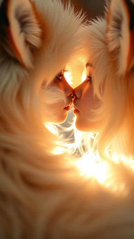 Hyper-realistic portrait of a fluffy nine-tailed fox girl, inspired by Wlop and Guweiz. She leans in for an incoming kiss, captivating the viewer with her ethereal presence. Her eyes glisten with warmth, framed by soft, cascading hair. The setting features professional, 8k photography under gentle, natural lighting, enhancing every intricate detail from her delicate features to the intricate patterns of her nine luxurious tails. The scene radiates a dreamlike quality, blending realism with an enchanting fantasy allure. Hyper-realistic portrait of a fluffy nine-tailed fox girl, inspired by Wlop and Guweiz. She leans in for an incoming kiss, captivating the viewer with her ethereal presence. Her eyes glisten with warmth, framed by soft, cascading hair. The setting features professional, 8k photography under gentle, natural lighting, enhancing every intricate detail from her delicate features to the intricate patterns of her nine luxurious tails. The scene radiates a dreamlike quality, blending realism with an enchanting fantasy allure.