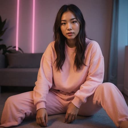 beautiful asian woman, csunset, neon lighting, sweat pants, comfy and cozy