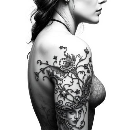 Tattoo Rendered Fantasy Art A black and white tattoo on a woman, rendered in the style of intricate fantasy art, conveying serene contemplation, reminiscent of a lithograph, featuring multilayered elements made of entwined wire, showcasing striking character designs with a metafictional twist, set against an elongated aspect ratio of 51:64, enhancing the sense of narrative depth with subtle creative modifications.