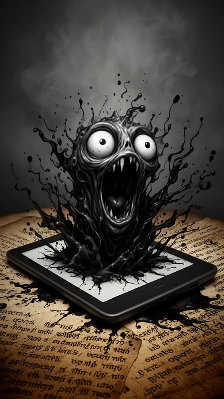 A terrifying ink creature with wide, manic eyes and a gaping mouth, bursting out of an e-reader screen. The creature is made of swirling black ink and tendrils, with a cartoonish yet sinister expression. Splatters of black ink surround the e-reader, which rests on aged, textured paper filled with illegible, gothic-style script. The background is a dark, smoky grey, adding to the ominous mood. The art style is a blend of digital illustration and photorealism, with high detail on the ink and paper textures. Dramatic, moody lighting creates strong contrasts and shadows. The color palette is dominated by dark greys, blacks, and sepia tones, evoking a sense of dread and mystery.