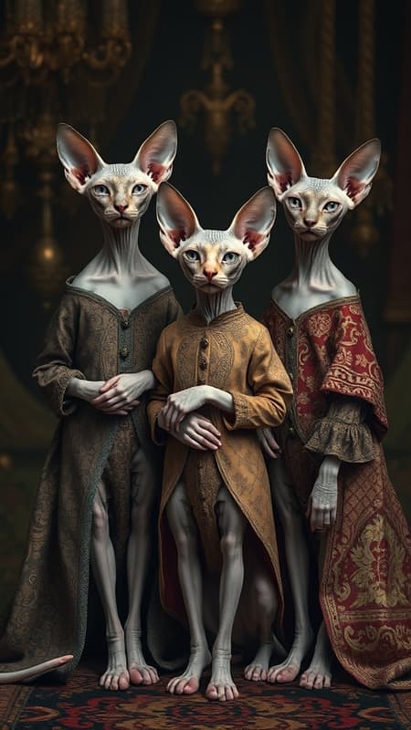 Three hairless sphinx cats poised elegantly, adorned in elaborate and whimsical costumes featuring intricate patterns and textures, capturing the dreamlike essence of Tim Walker's photography. The scene embraces a theatrical and imaginative flair, reminiscent of Sacha Goldberger's storytelling approach, while incorporating elements of Nicola Samori's dark, expressive artistry. Each cat exudes a regal presence, their outfits blending classical elegance with avant-garde design, set against a surreal and opulent backdrop.