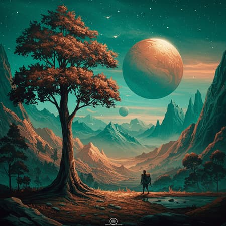 A surreal portrayal of a majestic circle hovering above a towering tree amidst a vibrant fantasy landscape, painted in psychedelic and surreal hues. The scene is alive with melting textures in shades of teal and bronze, radiating energy. This hikecore-inspired masterpiece captures the essence of sublime wilderness with its unparalleled beauty, reminiscent of exquisite poster art that leaves viewers in awe.
