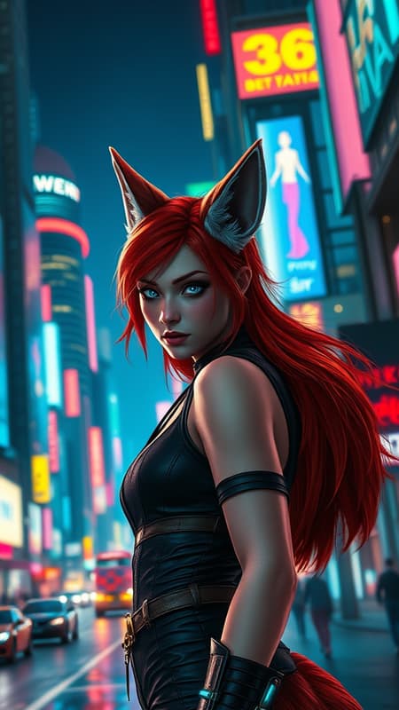 Redhead fox-girl with captivating blue eyes, embodying the essence of Cyberpunk 2077 style in a vibrant and bustling cyberpunk night city. The streets are aglow with neon lights, casting a vivid spectrum of colors that enhance the futuristic ambiance. Her attire and surroundings reflect the intricate details of Cyberpunk 2077 concept art, capturing the essence of a world where technology and organic life seamlessly intertwine. The cityscape stretches into the horizon, showcasing towering skyscrapers and holographic billboards. The scene conveys a blend of high-definition quality, showcasing an ultra-detailed urban tableau in UHD, HDR, and 16K resolution. Her confident stance and enigmatic expression add to the allure, making her a striking figure amidst the technicolor dreamscape.