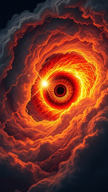 A blazing eye at the heart of a storm, swirling with intense energy and vibrant colors, casting an ethereal glow through dark swirling clouds. The eye pulses with a vivid, fiery intensity, drawing in swirling gusts of wind and energy, creating a mesmerizing dance of light and shadow. Its gaze seems to pierce through the fabric of reality itself, revealing glimpses of distant, unknown worlds beyond. A scene of dramatic contrast and surreal beauty, invoking a sense of wonder and cosmic power.