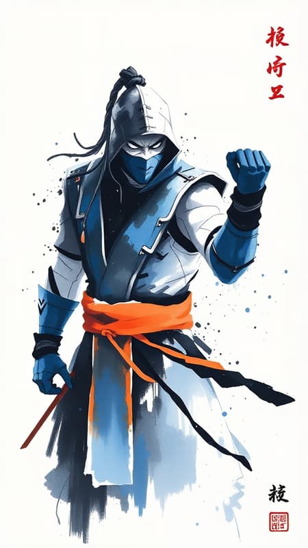 A minimalist ink artistic depiction of Sub Zero from Mortal Kombat, featuring abstract elements and dynamic typography, utilizing complementary colors. The composition embodies the fluid elegance of Chinese painting set against a crisp white background, capturing the character's icy essence in an 8k resolution.
