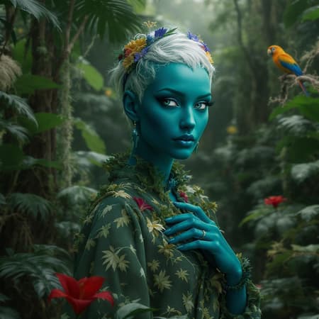 Fashion photography portrait of a teal human-like avatar in an emerald dense jungle dotted with vibrant flowers and exotic birds, digital 3D render, CGI, harmonious composition, rendered in octane, 50mm lens, dreamy bokeh effect, tall 9:16 aspect ratio.