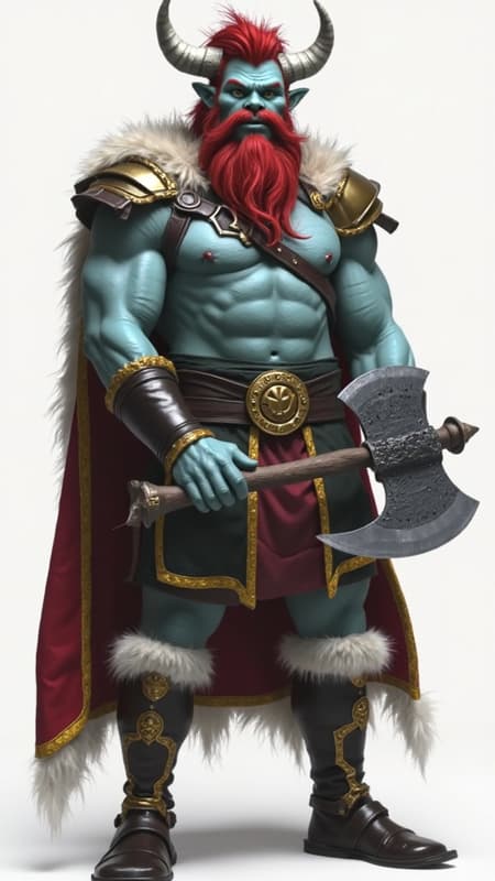 From the realm of faeries and fantasy. A handsome troll with pale blue skin (((blue skin))). Warrior, barbarian, giant. He wields a giant Viking war axe. Tall, strong, big muscles, muscular, sinewy, broad chested, wide back, narrow waist, bodybuilder. Short fiery red hair, mullet with fluffy middle-parted bangs. White steer horns curved upwards from the front of his temples. Handsome masculine rugged face, Icy blue eyes, strong brow and jaw. Dark red neatly trimmed Beard, close to face with sideburns. Golden pauldrons trimmed with black on broad shoulders. Black leather bondage harness on his bare chest, dark blue tribal tattoos on his chest. Black leather bracers on strong arms. White fur loincloth covering his girth, exposing strong muscular legs, a golden Viking styled belt trimmed with black around his waist. Knee-high black leather boots with white fur tops. A Scarlet-red short cape with golden-yellow Viking designs trim around the edges. Full body pose, axe raised in warrior stance,  red hair in his armpits.  {{MASTERPIECE}} 
