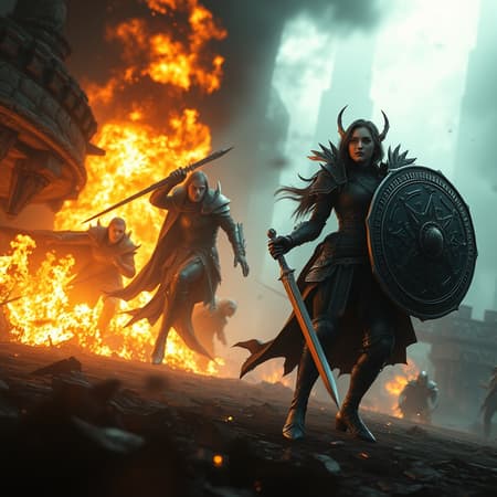 massivescale warriors elven woman gorgeous beautiful epic battle in slow motion powerful rage goddess intricate armor weapon forgotten battlefield fire wall background occlusion epic wide shot aerial perspective dark fantasy CGI depth focus crepuscular rays sunbeams photorealistic realistic highly detailed sophisticated maximalist hyperrealistic styled in the essence of Dragon Age