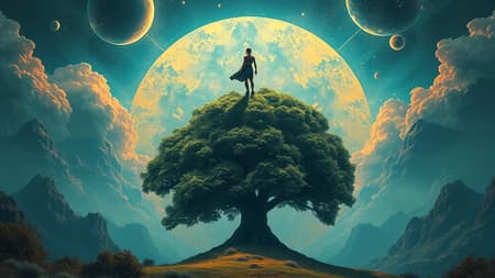 Surrealist depiction of a vast circle with a human figure hovering above a lush tree, set in a vibrant fantasy landscape. The scene exudes psychedelic and surreal elements, with melting forms in shades of teal and bronze. The composition is infused with dynamic energy, invoking a sense of hikecore and sublime wilderness. The visual is reminiscent of compelling poster art, leaving viewers in awe of its breathtaking beauty.
