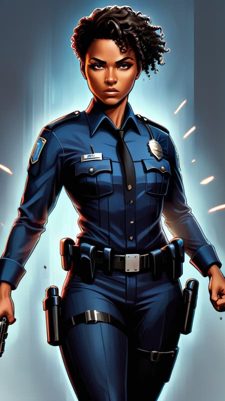 Female cop, lieutenant, streetwise super-hero. African-American female, feminine but tough. Tall, strong, athletic. Curly black short hair, swept back on one side, blonde streaks on the top. Smooth brown skin, Hazel eyes. Beautiful face, moderate  make-up.  Black police uniform,  feminine version. Quick dexterity and fast reflexes--- she can catch a bullet in the air. She is invulnerable to physical damage, bullets bounce off her and fire, electricity, bombs do not effect her. If she does get any physical damage, she can heal herself. She carries a silver automatic pistol, she dies not miss her target. Full body pose, fighting stance. Probably busting up a drug ring. 