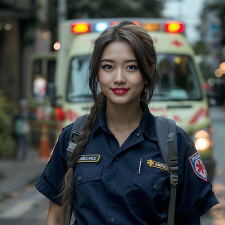 female dressed as paramedic, enchanting, playful, captivating, ambulance in background, engaging with viewer, portrait, photography, intricate skin detail, realistic, photo-realistic, 8k, highly detailed, full-length composition, high detail RAW color art, piercing, soft diffused lighting, shallow depth of field, sharp focus, hyperrealism, cinematic lighting, text imperfections, crop issues, digital artifacts, low quality traits, distorted features, unnecessary duplicates, unnerving elements, incomplete frame, irregularities in proportions, excessive or missing limbs, malformed or duplicated features, visually disproportionate, awkward formations, artificial alterations, lack of symmetry, excessive features, unusual lengths, visual distortions, watermarks or signatures unintentionally present.
