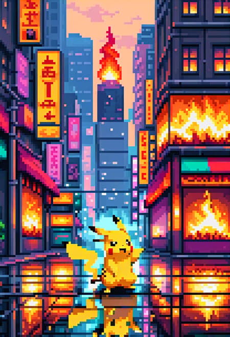 pikachu flames ,pixel art style, detailed, city backdrop