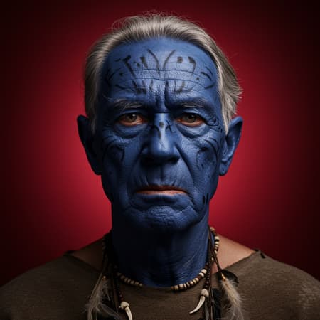 A hyperrealistic portrait of an elderly Austrian warrior chief with tribal panther-inspired makeup in striking blue on a vivid red background. Captured in front profile with deep, textured skin detail and serious, piercing eyes looking directly at the camera. The image employs a 50mm f/2 portrait photography style, with the clarity and sharpness synonymous with gfx100 cameras. The scene is dramatically lit with hard rim lighting, intensifying the chief's commanding presence. The atmosphere evokes strength and a storied past, accentuated by subtle yet impactful creative touches.