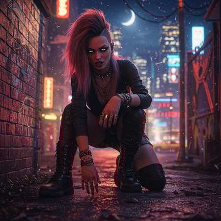 Full body portrait of a cyberpunk woman kneeling in the bustling streets of a futuristic city at night, surrounded by vibrant city lights and a starry sky with the moon visible. Her expression is a determined scowl, framed by long flowing hair. The woman embodies a punk and alternative style, adorned with many rings and reflective eyes accentuated by dramatic makeup. Ear piercings catch the colorful city lights, creating a striking contrast. The lighting is detailed and dynamic, with dramatic chiaroscuro and rim lighting emphasizing her symmetrical face and the intricate graffiti on a nearby brick wall. Her muddy boots rest on the gritty street, adding authenticity to the urban scene. She's dressed in long sleeves with multiple bracelets. The scene is inspired by the professional majestic impressionism of artists like Waterhouse, John Constable, and Jeremy Mann, and it captures the stylized elegance of Studio Ghibli, Makoto Shinkai, and the high detail trending on ArtStation and CGSociety. The overall composition maintains an intricate, dramatic, and detailed aesthetic without unnecessary distortions or exaggerated features.
