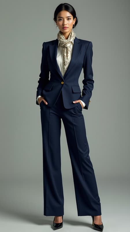 The ultimate female businesswoman is a vision of empowerment and elegance. She stands confidently, wearing a perfectly tailored navy blue pantsuit paired with a crisp white blouse and an exquisite silk scarf elegantly wrapped around her neck. Her sleek black hair is styled into a sophisticated bun, accentuating her striking features and piercing eyes. The artwork's hyper-maximalist style captures the realism and detail of her expression, embodying intelligence and determination. Every stitch of her suit and the luxurious texture of the scarf are rendered in high resolution, while her patent leather heels gleam subtly. Combining Art Deco and Art Nouveau with modern flair, the use of gold leaf and metallic accents adds depth and dimension, emphasizing the meticulous attention to detail. This groundbreaking piece evokes awe, offering an original portrayal of powerful modern femininity and strength. The stunning composition, though slightly altered artistically, remains a testament to an epic portrayal of a formidable female figure.
