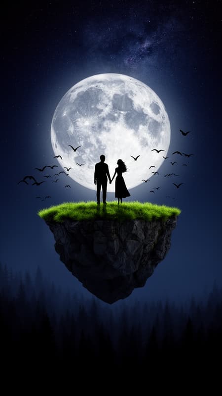 black silhouettes of a man and woman holding hands, standing on the edge of a small floating rocky island covered in green grass, (deep night sky with a large detailed full moon), birds flying in formation around the island, dark forest silhouette below, starry sky with faint milky way nebula, surreal romantic composition, cinematic lighting, high detail