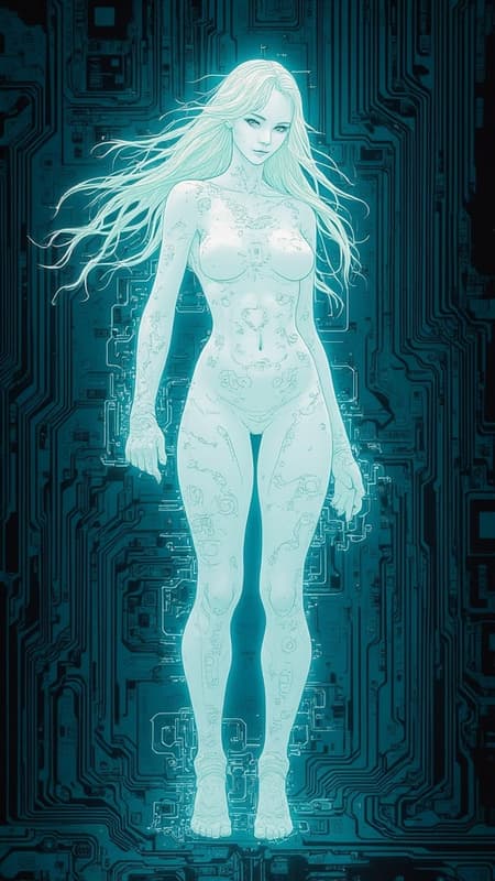 Sci-Fi, strange, eerie...sexy? Ghost in the electronics? She is a shapely curvy female humanoid form with no discernable features; even her long hair is composed completely of television static and has an eerie glow. She can become energy and move through power lines, telephone lines, outlets, cable lines, and anything plugged in. She can appear  in television screens, computer monitor screens, and sometimes smartphone screens. She travels through connected lines, but can ride the airwaves if necessary. When she appears in full humanoid form, she is just a sensuous curvy glowing figure composed of television static,including her hair. She has no actual voice, but sometimes people can hear breathing through whatever electronic devices they might be using. Otherwise, she sounds like the white noise that television static makes. She seems to have a tendency to appear to attractive men, though anyone can see her if she chooses to make herself visible. No one knows where she came from or what she wants; it is believed she came into existence with the creation of the first electronic device, mainly television. She is not known to be dangerous, but people that have seen her get an uneasy feeling. She tends to appear whenever people (especially men) fall asleep in front of the TV late at night.....   {{{She appears as a shapely sexy feminine glowing white silhouette composed of television screen static}}} 