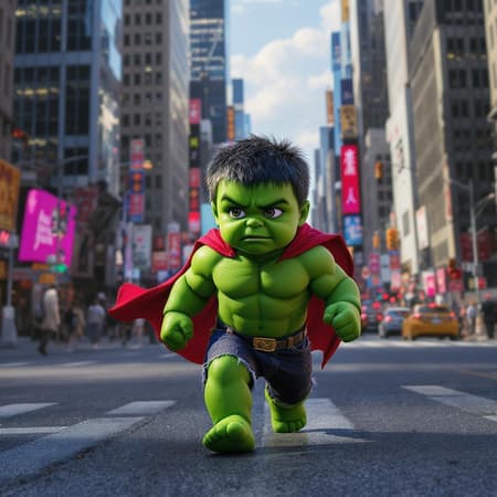 A miniature yet powerful hulk-like toddler with vibrant green skin exuding immense strength; the scene is set in a bustling city with towering skyscrapers, capturing an intense, photorealistic, and cinematic atmosphere as the tiny superhero navigates the urban landscape, his expressive eyes betraying a blend of curiosity and determination.