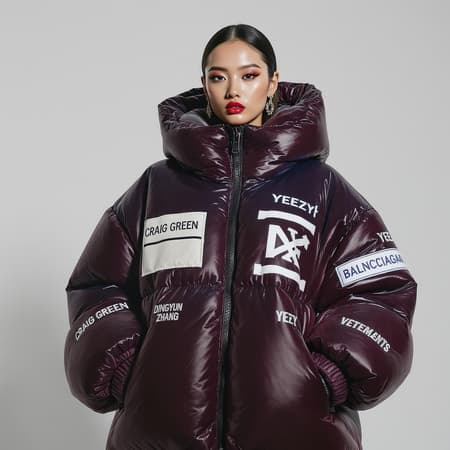 Brightly lit portrait of an exceptionally beautiful woman wearing a dramatically oversized puffer jacket designed by Craig Green, Dingyun Zhang, Yeezy, Balenciaga, and Vetements, sharp focus, clear and detailed, cinematic aesthetic, luxurious Off-White accents, symmetrical composition, glamorous Vogue-like editorial style, fashion magazine shoot, glossy and polished finish.