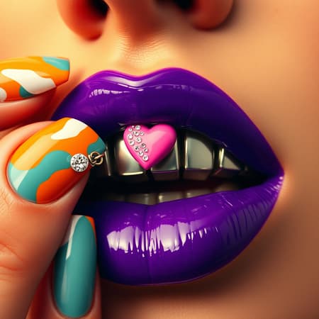 A striking close-up captures glossy, deep violet lips, slightly open and angled to reveal a sleek, silver grillz on the teeth. The lips are drenched in a high-shine, wet-look gloss, reflecting light dramatically across their surface. Vibrant acrylic nails with an abstract pattern of orange, teal, and white press gently against the lips, with one nail adorned with a playful pink heart charm, surrounded by tiny glittering rhinestones. Warm golden hues and soft shadows create a moody, cinematic atmosphere. The image showcases a grainy, film-like texture, evoking the feel of high-fashion editorial photography. Shot with a macro lens, the shallow depth of field and high contrast enhance the vintage 35mm film aesthetic.