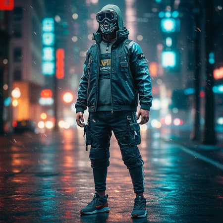 A futuristic cyberpunk techwear streetwear look is showcased from feet to head, featuring intricate and highly detailed attire. The ensemble emphasizes the golden ratio in its design, with vibrant colors that pop in a hypermaximalist style. Set in a luxury, elite, and cinematic environment, the clothing takes inspiration from techwear fashion icons like Errolson Hugh, Nike ACG, Yohji Yamamoto, Y3, and ACRNYM. It exudes a sense of sophistication with elements of futuristic design and a cyberpunk aesthetic. Matte textures blend with high-tech materials, creating a seamless harmony between modernity and functionality in a captivating, bustling urban setting.