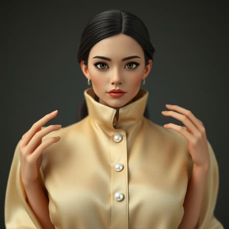Blouse Creamy The woman's blouse is a luxurious, creamy silk that softly embraces her silhouette. It features a refined high collar that accentuates her graceful neckline, while the cuffs are embellished with elegant pearl-like buttons, providing a subtle feminine charm to her ensemble. cgi, 3d, doll, octane, render, blurred, distorted, unexpected textures, color discrepancies, cropped, low quality, jpeg artifacts, unattractive, repetitive, unsettling, distorted anatomy, out of frame, excessive fingers, unnatural hand shapes, awkwardly drawn hands, awkwardly drawn face, distortion, warped, lack of clarity, disproportional anatomy, imbalanced proportions, additional limbs, mirrored face, warped features, unsettling proportions, distorted limbs, absent arms, absent legs, additional arms, additional legs, merged fingers, excessive fingers, extended neck.