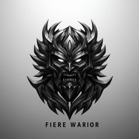 High quality logo of a fierce warrior, intricately detailed, crafted in black metal, emphasizing geometric shapes and symmetry, realistic design, enhanced with ray tracing effects, monochromatic black and white palette, designed for 8k resolution, capturing a striking presence, maintaining an abstract and sophisticated aesthetic, with a focus on balance and precision, free of any letters or text elements.