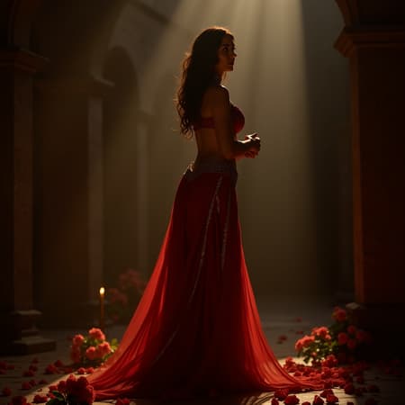 A mesmerizing vision stands in the medieval castle courtyard just as twilight descends, her radiant presence is accentuated by the interplay of full moonlight, torchlight, and candlelight. She is adorned in a splendid belly dance ensemble of deep red and shimmering gold, the hues glimmering in the soft, enchanting glow. The vivid flowers around her barefoot stance are caressed by silvery beams. Her raven-black, wavy hair cascades down to her hips, soft curls catching the moon's gentle light. An enigmatic black choker graces her neck, adding allure. She stands with her back to the camera, turning her head slightly to cast a magnetic, inviting gaze over one shoulder, her deep eyes captivating the observer. Captured using a Leica M10 and Helios-44 58mm f/2 lens, the photograph is a symphony of colors and depths, with the aperture stopped at F2.8 to blend rich tones with delicate highlights. The warm midday sunlight, diffusing through her flowing hair, enhances her silhouette's elegant curves and contours, creating an image where beauty and mystery harmoniously converge.