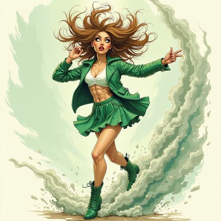 Short skirt, green jacket, matching green boots, glamorous bimbo, intricately detailed symmetrical face, captivating eyes, amidst a swirling tornado, 3D sketch style, artistic and dynamic scene