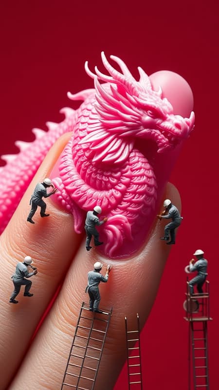 AI Workers Clad Design A team of tiny workers clad in matching uniforms diligently attends to a stunning ombre pink dragon design on a set of oversized fingernails. The miniature workers employ equally diminutive yet detailed brushes, carefully applying intricate details and shades. Others are busy polishing the gleaming dragon scales with soft cloths, ensuring every surface is flawless. Positioned on tiny ladders and scaffolding-like platforms, they work with the precision of dentists on a monumental scale. The dramatic backdrop, a vivid and deep crimson, sharply highlights the meticulous task at hand. This scene blends the surreal with photorealism, showcasing ultra-fine textures and cinematic depth, delivering a whimsical yet expertly executed fantasy.