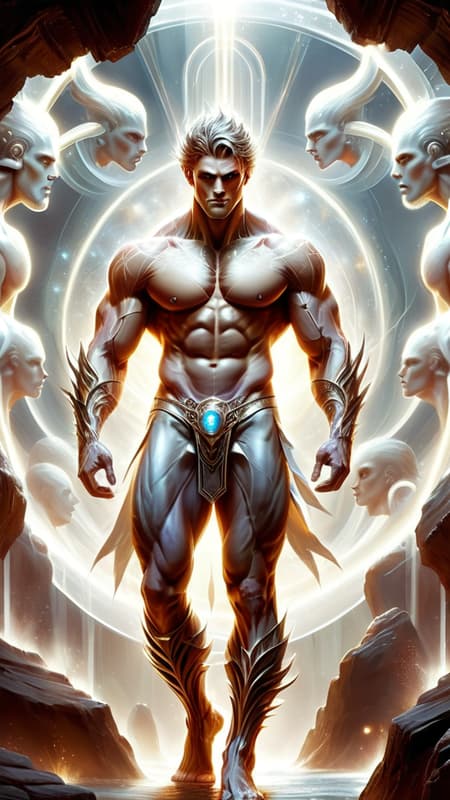 Sci-Fi futuristic fantasy, legend, homo-erotica. On another world, handsome giants known as Brutons emerged from the rock formations. They look like living statues, resembling bodybuilders or Greek wrestlers with their marble-like skin and gemstone colored eyes that shine. They all wear short wavy fade hairstyles of any color. Metallic circlets around their foreheads. Ruggedly handsome, masculine, beautiful men with strong brows and sculpted jaws. Their faces are serene and peaceful. They stand at 7feet tall or taller, and their bodies are physical perfection with broad chests and backs, narrow waists, muscular sinewy bodies, strong massive arms, powerful legs. Their bodies are sculpted to perfection by nature, and they wear very little clothing; iridescent diaphanous white thongs on their girthy loins and metallic sandals with straps up to the calves. Metallic bands around the tops of their biceps, and metallic bracers on their arms. 

They help build the futuristic city as well as guard it, carrying huge shining swords or fighting with their own massive muscles. When they are not standing at attention, they keep company with each other, laying together and absorbing sunlight. They do not sweat, but their bodies glisten and sparkle from the microcrystals inside their bodies. They do not speak, but share a telepathic bond with one another.  They are an all-male race, looking only to each other for pleasure when not building or gaurding. The other beings on their planet appreciate and love them very much for all they do. {{{MASTERPIECE}}} 