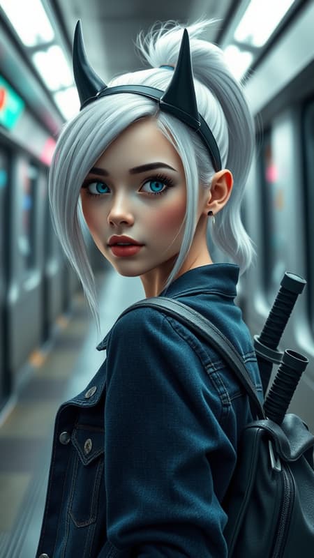 A charming young woman with white hair styled in a sleek ponytail, adorned with a horn-styled headband, dressed in a dark indigo denim jacket, carrying a sleek backpack with a visible katana handle, her striking blue eyes gleaming with curiosity. The scene is set in a futuristic subway, showcasing a vibrant cyberpunk atmosphere. The image captures hyperrealistic detail, achieving an 8k photorealistic quality, resembling output from an advanced 3D rendering engine, styled with dynamic expressiveness in a vertical frame.