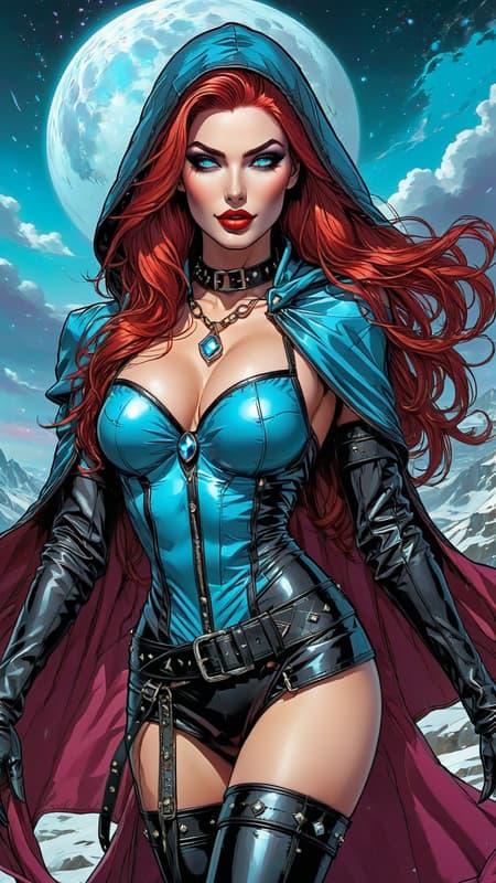 Super-hero, WITCH. young woman, female. She can control the weather and create magic with violet-purple energy from her hands. Long, wild flaming red hair swept back on one side. Cyan-blue eyes, Ruby red lips. Pretty, model girl, athletic, tall, busty. Silver chain with crystal moon pendant around neck. Black hooded cloak, long fingerless gloves on arms. Black mini-dress, studded leather belt. Long legs, textured sheer black stockings. Knee-high stiletto-heeled black leather boots, buckles on sides of boots. Full body pose, wind blowing. Super-hero, WITCH. young woman, female. She can control the weather and create magic with violet-purple energy from her hands. Long, wild flaming red hair swept back on one side. Cyan-blue eyes, Ruby red lips. Pretty, model girl, athletic, tall, busty. Silver chain with crystal moon pendant around neck. Black hooded cloak, long fingerless gloves on arms. Black mini-dress, studded leather belt. Long legs, textured sheer black stockings. Knee-high stiletto-heeled black leather boots, buckles on sides of boots. Full body pose, wind blowing.