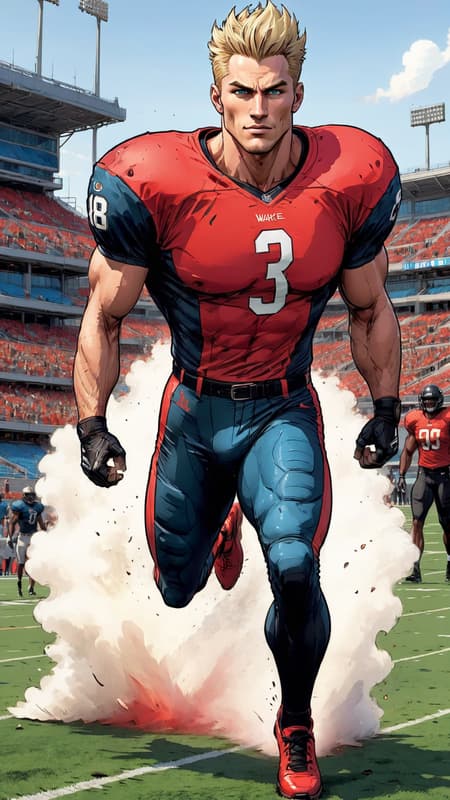 Super-hero, football Player, sports figure, college football. Hypermasculine male, Caucasian white male, young man (about 18 thru 21). Tall, muscular, sinewy, athletic, fit, wide bach and shoulders, broad chest, narrow waist, big thighs and calves. Super fast, can outrun a car, leaves a trail of wind in his wake. Unstoppable, can plow through his opponents on the football field. Handsome, rugged good looks. Light golden blonde very short hair, flat top hairstyle, close on sides and straight spiky on top. Deep set aqua-blue eyes, strong brow and chin, mild soul patch on face. Cleft in chin, cute dimples on face. Black strips under his eyes to reduce glare. Bare chest, shirtless, sweat running down his chest and legs after a hard practice. Black shoulder pads, elbow pads and knee pads on the outside of his body. Bright red (((red))) shiny football shorts stretched over his bulging crotch, revealing strong powerful thighs and legs. Black cleated football shoes. Usually running, a need for speed. Full body pose. 