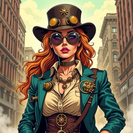 Steampunk Illustration of a Heroine:4, comic book aesthetic inspired by Jim Lee, featuring intricate gear-laden attire and mechanical accessories, vibrant color palette with dynamic line work, capturing a sense of adventure and ingenuity against a backdrop of a bustling, steam-powered cityscape, small creative twists such as a unique monocle and a steam-powered sidekick.