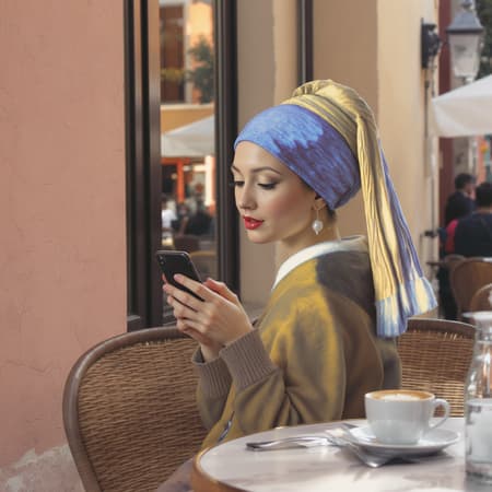 Modern digital photograph of a young woman reminiscent of "Girl with a Pearl Earring," set in a scenic outdoor Italian cafe. She gazes at her smartphone with a serene expression while a cappuccino sits invitingly on the table beside her, capturing a blend of classic and contemporary in the vibrant afternoon light, bad-picture-chill-75v-2101.
