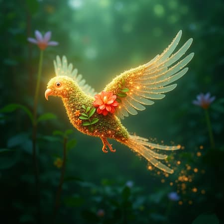 A luminous abstract 3D form takes flight, reminiscent of a parrot, with vibrant foliage and blossoms seamlessly integrated into its structure, all set against a lush emerald backdrop. The shape glows softly, casting a radiant warmth as it glides gracefully through the verdant atmosphere.