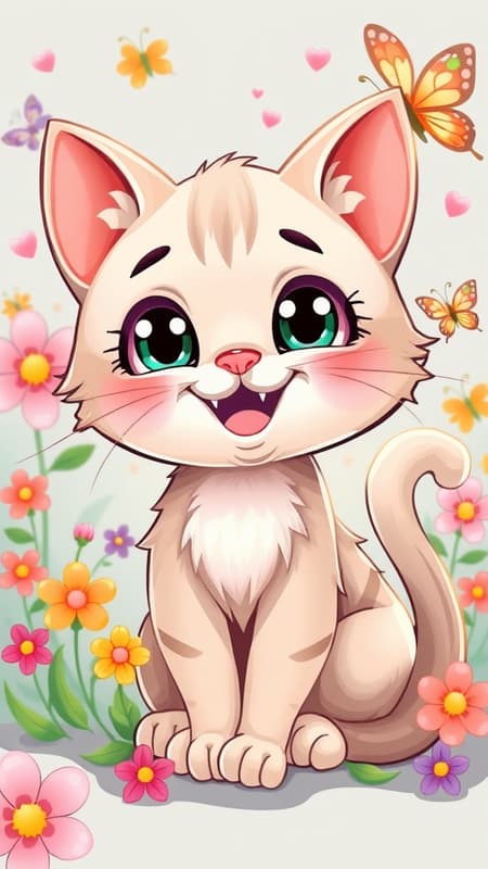 Adorable cartoon cat with big, sparkling eyes and a playful grin, its fluffy tail curled around it as it sits cheerfully, surrounded by colorful flowers and butterflies, all in a vibrant vector style.