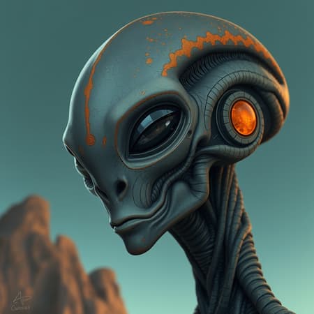 2D artwork of an alien featuring textured illustrations in a palette of dark gray and bronze, inspired by the styles of Naoto Hattori and Jeremy Lipking, incorporating elements of an online sculpture. The scene is complemented by shades of dark sky-blue and vibrant orange, focusing on intense close-up details. The composition is imaginative and stylized at a high level, capturing the mysterious allure of extraterrestrial life.